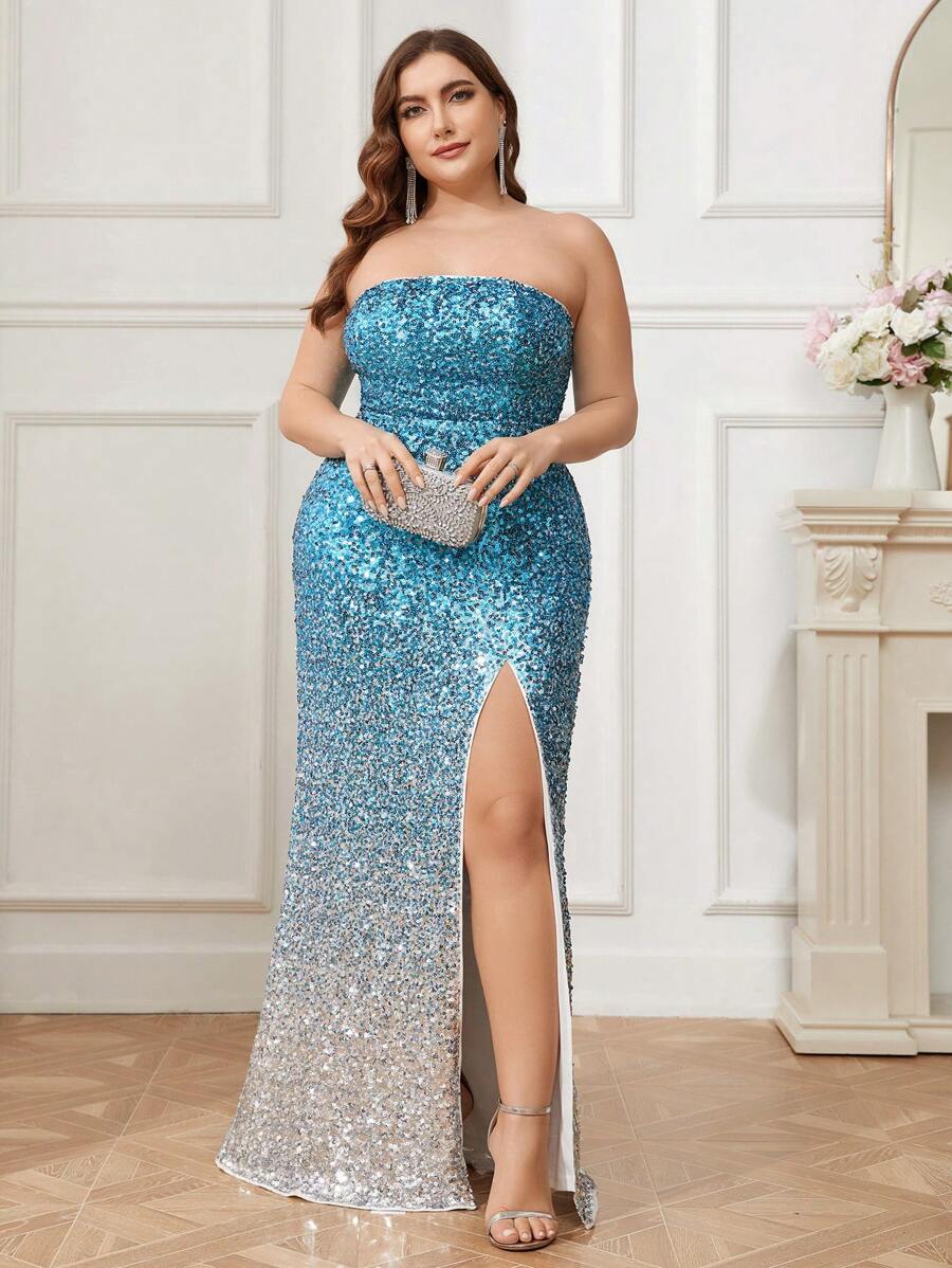 SHEIN Belle Vestido De Fiesta De Noche Con Gradiente Y Brillo, Talla Grande Para Mujeres Con Escote Sin Tirantes Y Abertura Alta - Multicolor - Ver 1