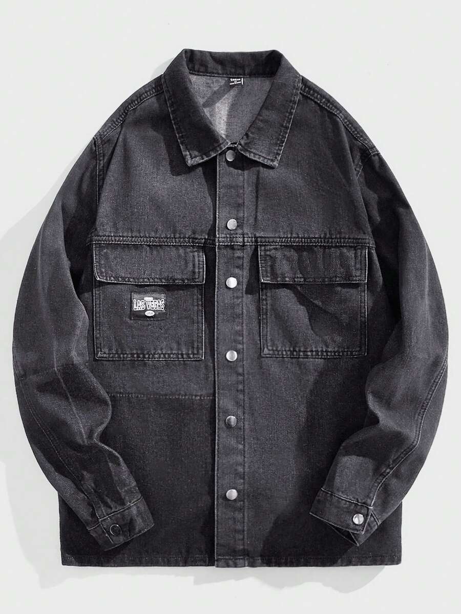 Manfinity RebelGame 男士休閒牛仔襯衫,正常版型,寬鬆,無彈性 - 黑色 - 查看 1