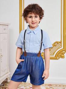 SHEIN 2pcs/Set Young Boys' Fashionable And Casual College Style Shirt Set, Gentleman And