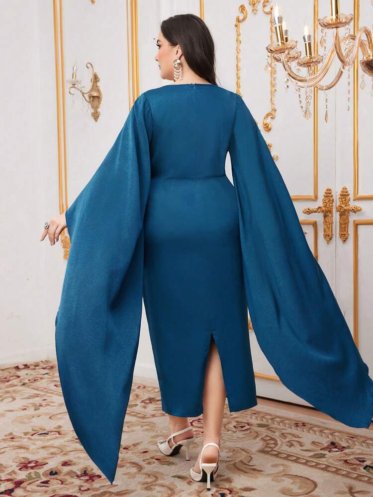 Plus Size Pearl Fringe Flare Sleeve Dress Long Evening Dresses