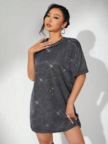 SHEIN ICON 適合外出穿著的短袖圓領黑色裙子 - 黑色 - 查看 4
