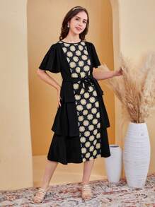 SHEIN 少女手工編織幾何花紋和花鬘圖案雙層連衣裙 - 黑色 - 查看 4