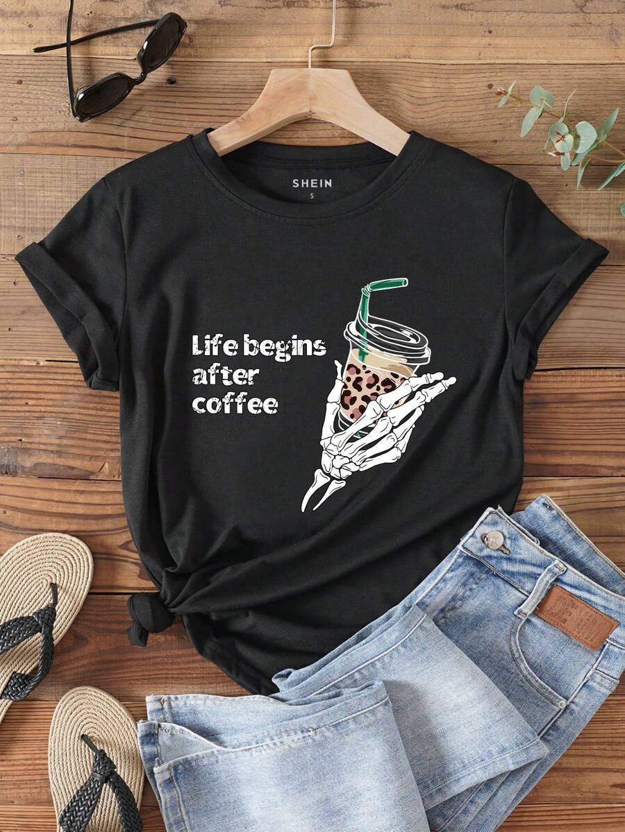 SHEIN LUNE Vòng cổ Ngắn tay Áo thun - màu đen - Xem 1