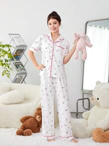 SHEIN Teenage Girls' Woven Colorblock Shirt & Shorts Set With Floral Print And Drawstring, Suitable For Home Wear - White - View 5