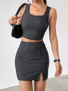 SHEIN EZwear 女性格紋兩件套裝 - 黑色 - 查看 1