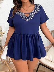 SHEIN LUNE Camiseta De Talla Grande Con Manga Corta Y Volantes En El Dobladillo - Azul Marino - Ver 3