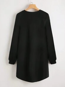 SHEIN LUNE 加大碼心形及標語圖案圓領長袖連衣裙,適用於情人節、休閒場合 - 黑色 - 查看 2