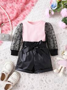 Baby Girls Mesh Contrast Top And Shorts Set - Pink - View 1