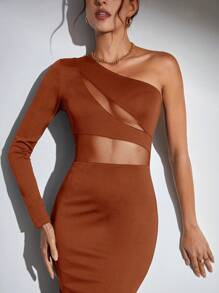 SHEIN Tall 女士一字肩長袖網眼插入修身連身裙 - 棕色 - 查看 3