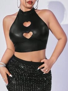 SHEIN ICON Y2k 大尺碼女款 Pu 皮革掛脖鏤空心黑色短版女款上衣 - 黑色 - 查看 5