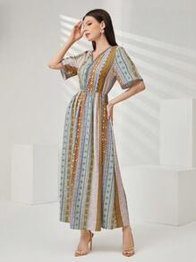 Seusyu 幾何條紋圖案阿拉伯短袖連衣裙 - 黃色 - 查看 4