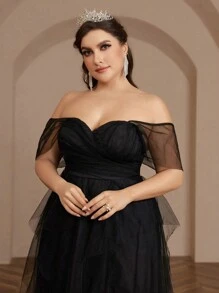 SHEIN Belle Plus Size Romantic Exaggerated Layered Black Mesh Evening Dress Plus Size Formal Ball Gowns Dress Elegant Prom Wedding Guest Dress, For Graduation, Dinner Party Dress - Black - View 7