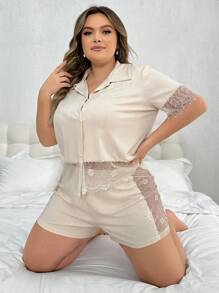 Conjunto De Pijama Para Mujeres De Talla Grande Con Encaje De Remiendo