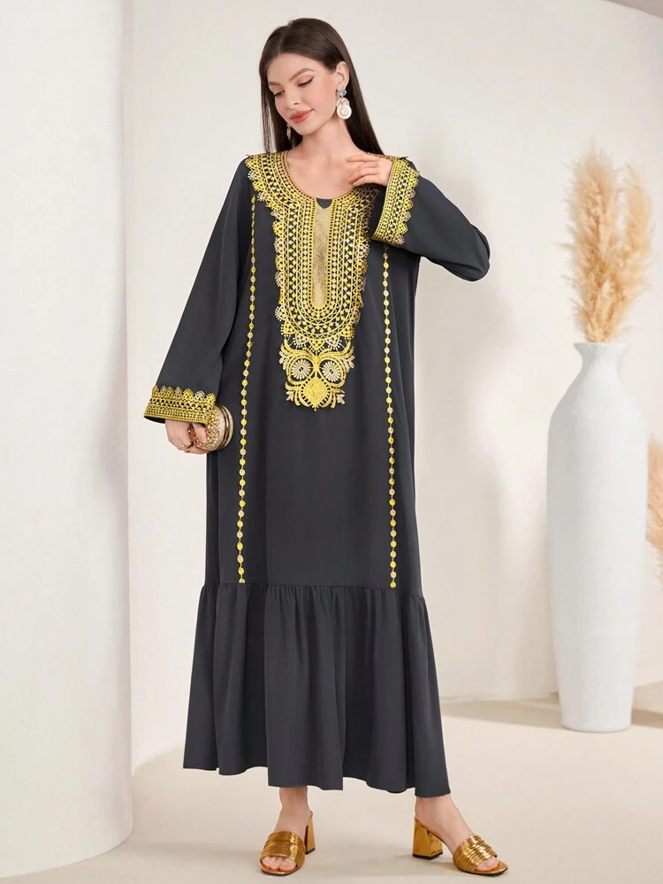 Women's Colorblock Embroidered Patchwork Long Sleeve Dress, Elegant Evening Party Dress