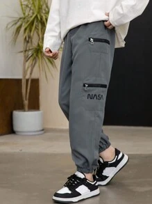 SHEIN Tween Boy Black & Grey Letter Print Zipper Closure Jogger Pants - Multicolor - View 6