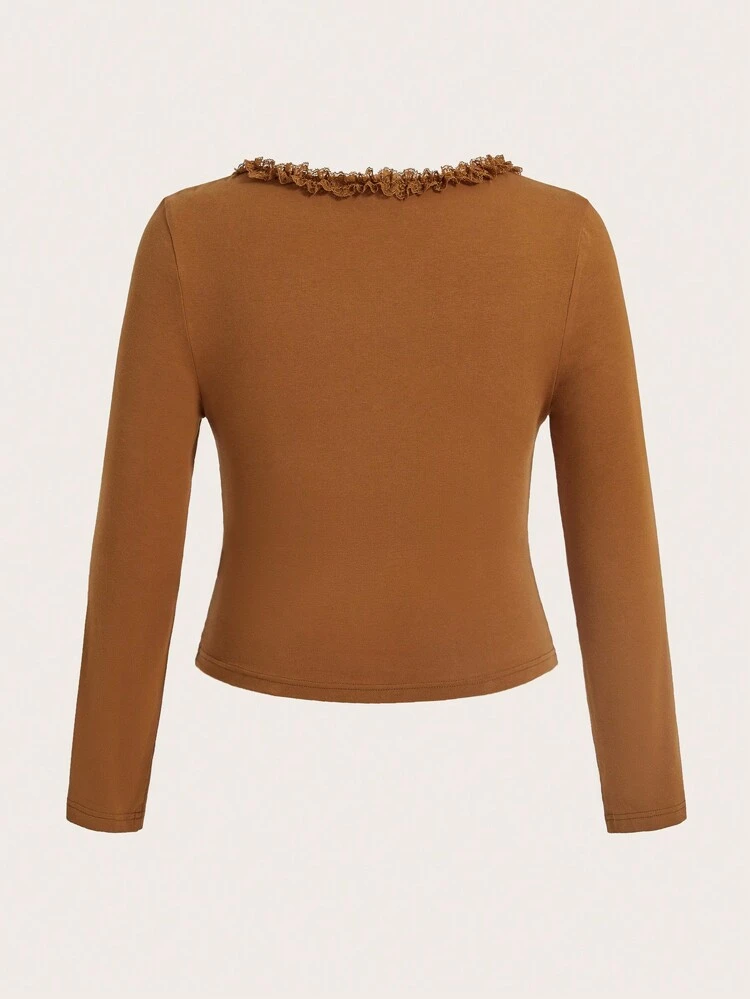 Plus Size Women's Frill Trim V-Neck Long-Sleeved T-Shirt