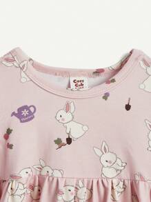 Cozy Pixies Conjunto De Vestido De Cintura Imperio Con Cuello Redondo Con Volantes Y Estampado De Conejito Para Niña Pequeña