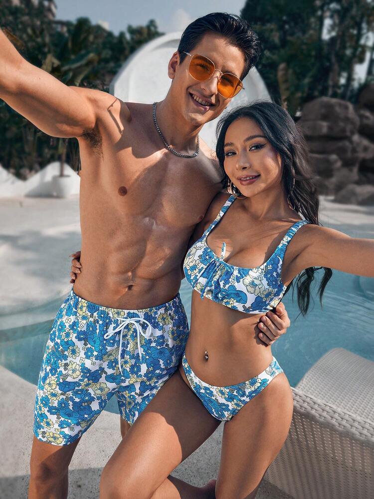 Men'S Floral Print Drawstring Beach Shorts