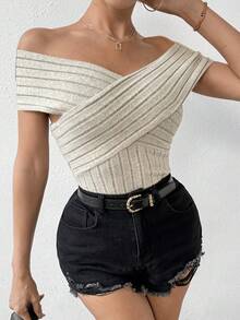 SHEIN Essnce Drop Shoulder Cross Wrap Ribbed Knit T-Shirt - Khaki - View 4