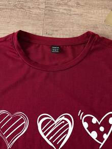 SHEIN LUNE 女士心形圖案印花t恤 - 紅木色 - 查看 7