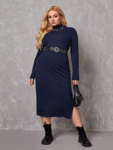 SHEIN Essnce Kích thước lớn Tay áo dài Chia bên Đầm - Màu xanh hải quân - Xem 4