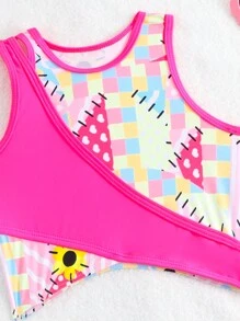 Conjunto De Biquíni Com Estampa Xadrez E Alças No Pescoço Para Jovens Meninas