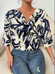 SHEIN LUNE Women'S Loose Printed Draped Design Shirt - Royal Blue - View 3