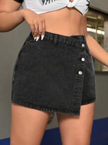 SHEIN ICON 大码女式不对称腰部牛仔短裙 - 黑色 - 查看 6
