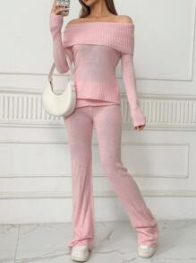 SHEIN Unity Women's Off Shoulder Long Sleeve Sweater And Pants Set Fall Cloth For Women - Pink - View 1