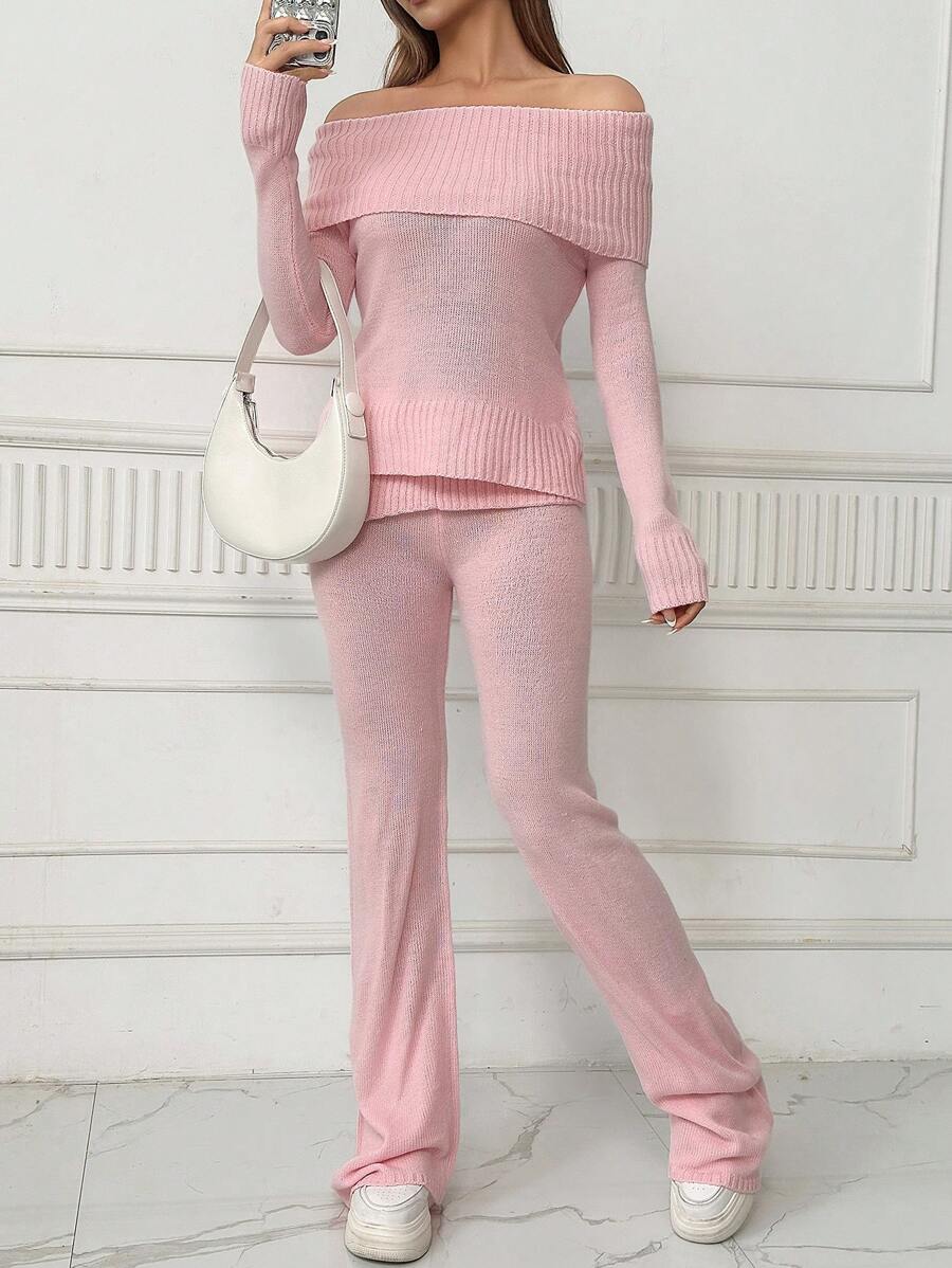 SHEIN Unity Women's Off Shoulder Long Sleeve Sweater And Pants Set Fall Cloth For Women - Pink - View 1