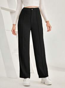 SHEIN Frenchy Women's Solid Color Straight Leg Pants - Black - View 1