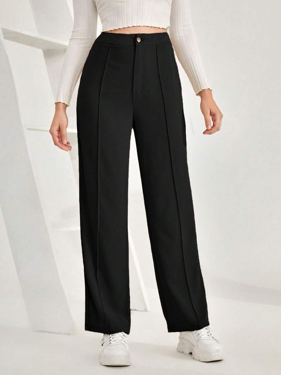 SHEIN Frenchy Women's Solid Color Straight Leg Pants - Black - View 1