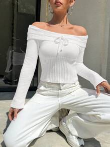 Flirla 女士露肩创意系带针织套头衫秋冬毛衣 - 白色 - 查看 3