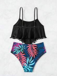 Swim Lushoire Summer Beach Women's Mono Color Tassel Hem Cami Bikini Set With Printed Underwear & Waistband Tankini Swimsuitswimwear For Ladies - Multicolor - View 5