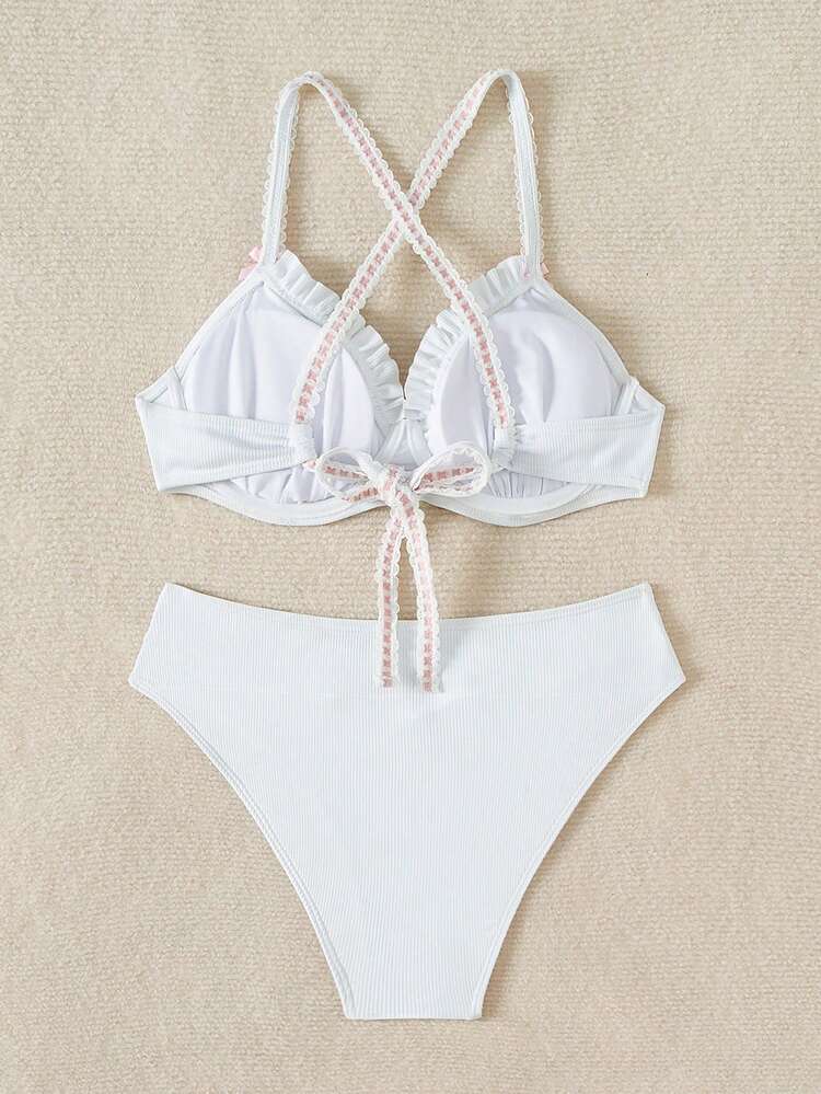 Summer Bowknot Decorated Underwireed Bra And Triangle Panties Bikini Set