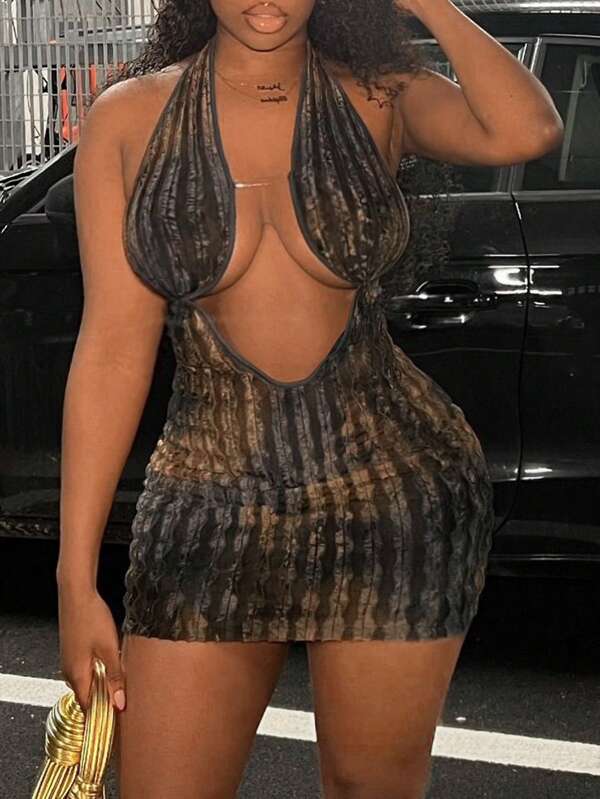 Slaydiva Summer Sexy Halter Backless Sheer Bust Mini Dress, Blue Brown Tie Dye Gradient Knit Fabric