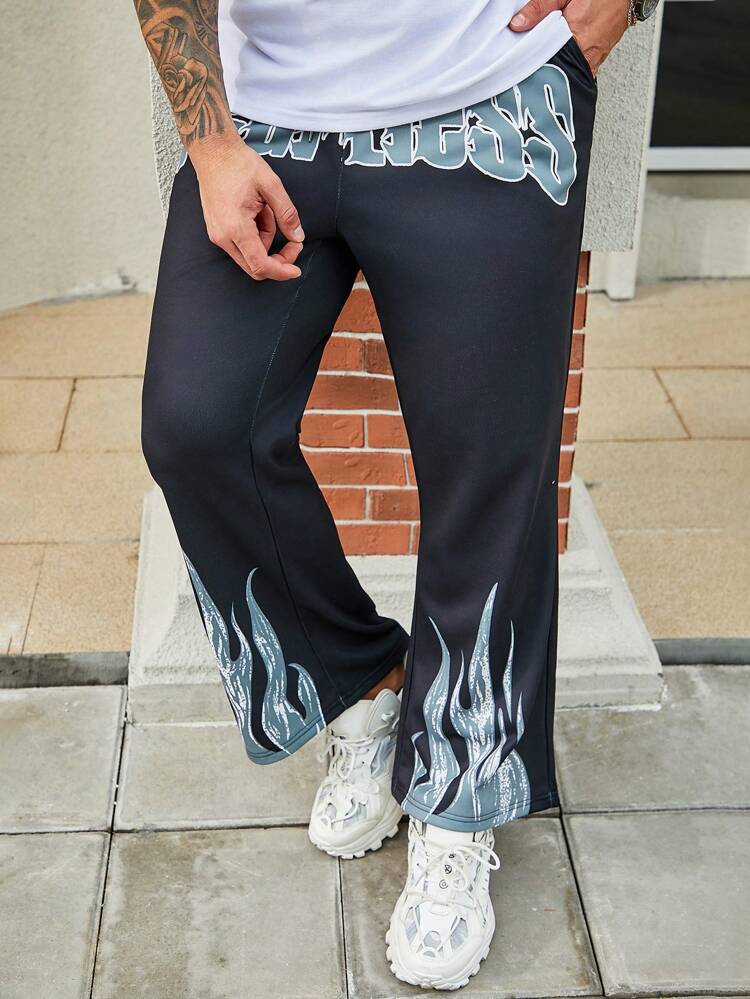 Men's Plus Size Letter & Flame Printed Drawstring Waist Sweatpants