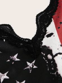 SHEIN LUNE Striped Star Print Lace Splice Cami Top Graphic Tees Women Tops