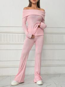 SHEIN Unity Women's Off Shoulder Long Sleeve Sweater And Pants Set Fall Cloth For Women - Pink - View 6