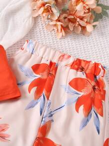 SHEIN Joven chica Top de cuello asimétrico de 2 piezas con pantalones de pierna ancha estampados con flores para vacaciones - Naranja - Ver 6