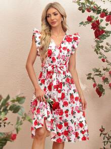 SHEIN Clasi Rose Print Ruffle Hem Dress