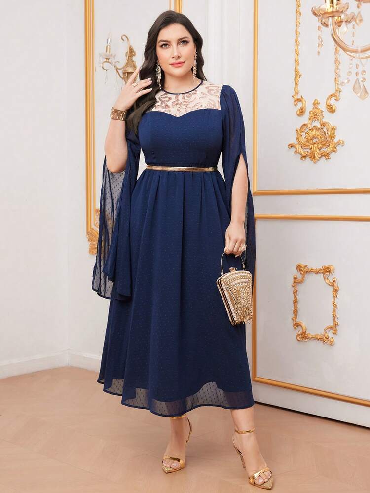 Plus Size Women'S Round Neck Long Sleeve Dress With Sparkly Patchwork And Side Slit Long Evening Dresses