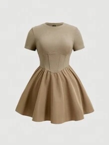 SHEIN MOD 大码女式夏季松紧腰罗纹连衣裙 - 棕色 - 查看 1