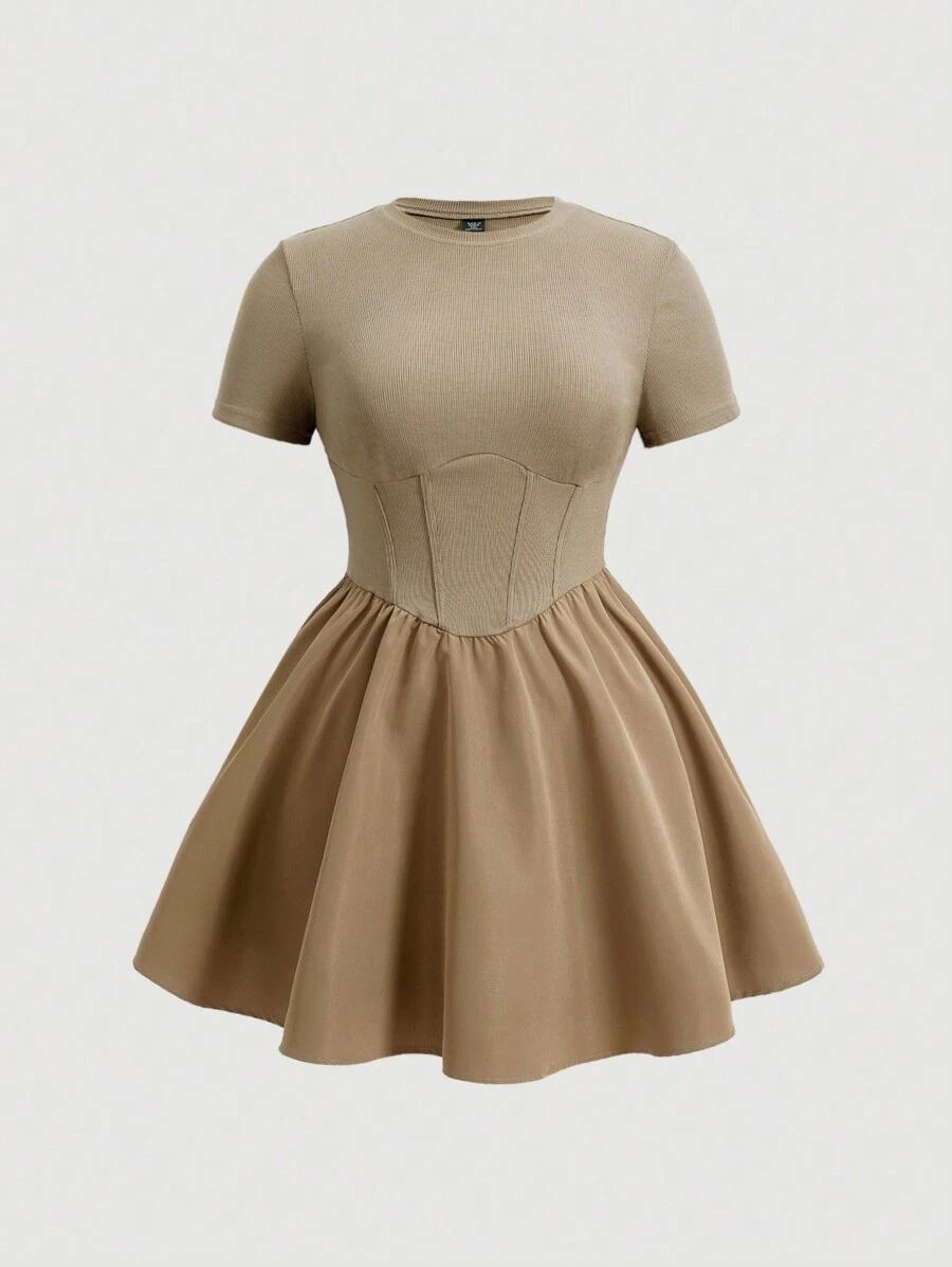 SHEIN MOD 大码女式夏季松紧腰罗纹连衣裙 - 棕色 - 查看 1