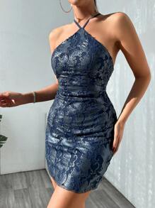 SHEIN Cottnline Glittering Cross Strap Backless Halter Party Dress - Navy Blue - View 5