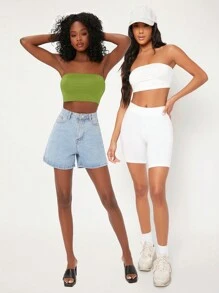 SHEIN BASICS Top Corto De 2 Piezas Y Blusa Sin Tirantes Para Mujer - Verde Lima - Ver 5