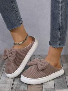 女士时尚舒适圆头条纹蝴蝶结一脚蹬加厚防滑情侣家居拖鞋 - 咖啡棕 - 查看 4