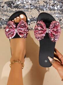 混色亮片蝴蝶结女士厚底坡跟鞋，舒适步行凉鞋女士高跟凉鞋夏季室内户外一脚蹬 - 彩色 - 查看 1