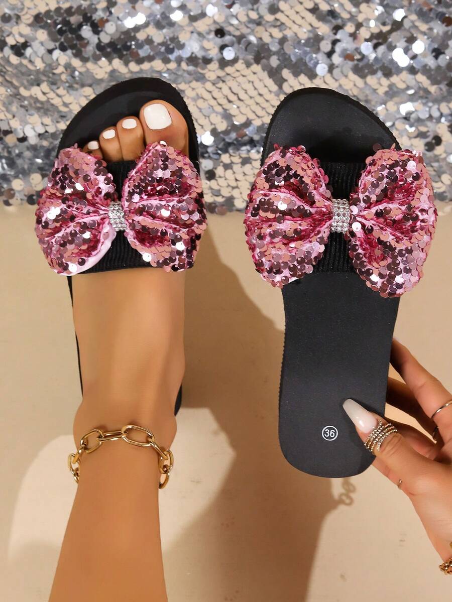混色亮片蝴蝶结女士厚底坡跟鞋，舒适步行凉鞋女士高跟凉鞋夏季室内户外一脚蹬 - 彩色 - 查看 1