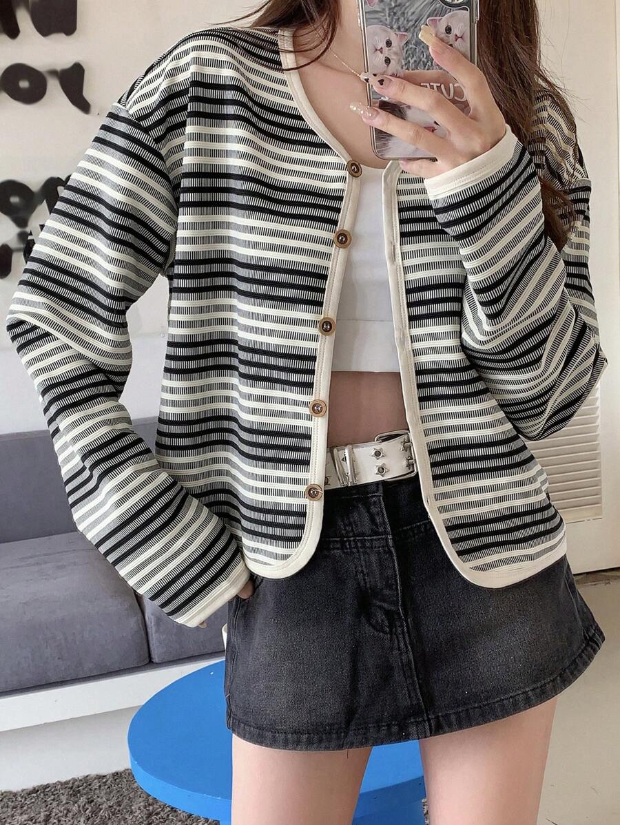 DAZY Ladies' Color Block Striped Front Button Tee - Black and White - View 1